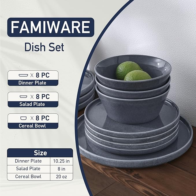 Famiware Plates and Bowls Sets, Annecy Stoneware Dinnerware Sets for 8, 24 Pieces Dish Set, Plate with Lip Edge, Reactive Glaze Tableware - Microwave & Dishwasher Safe, Misty-Blue