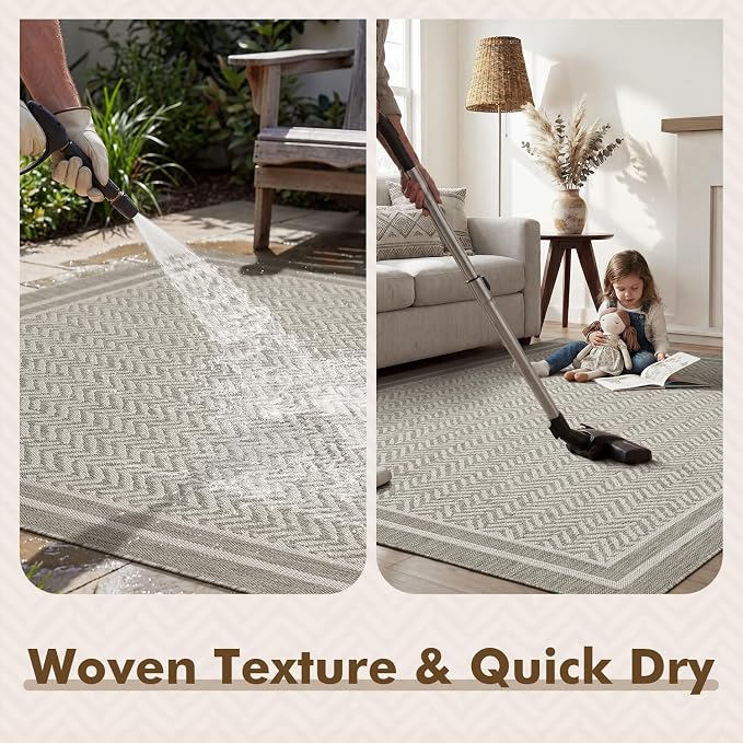 MontVoo-Outdoor Rug-Patio Rug 6x9 Polypropylene Indoor Outdoor Rugs Outdoor Carpet for Patio Deck Balcony Porch, Textured Weave, Durable for High Traffic, Fade-Resistant, Boho Farmhouse Silver Grey