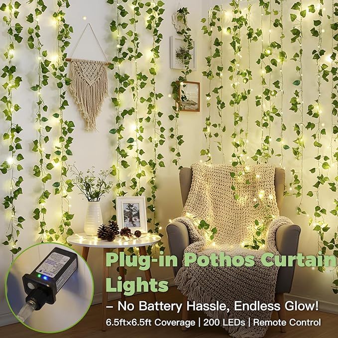 suddus 200 LED Vine with Light Plug in, 6.5ft x 6.5ft Pothos Fairy Curtain