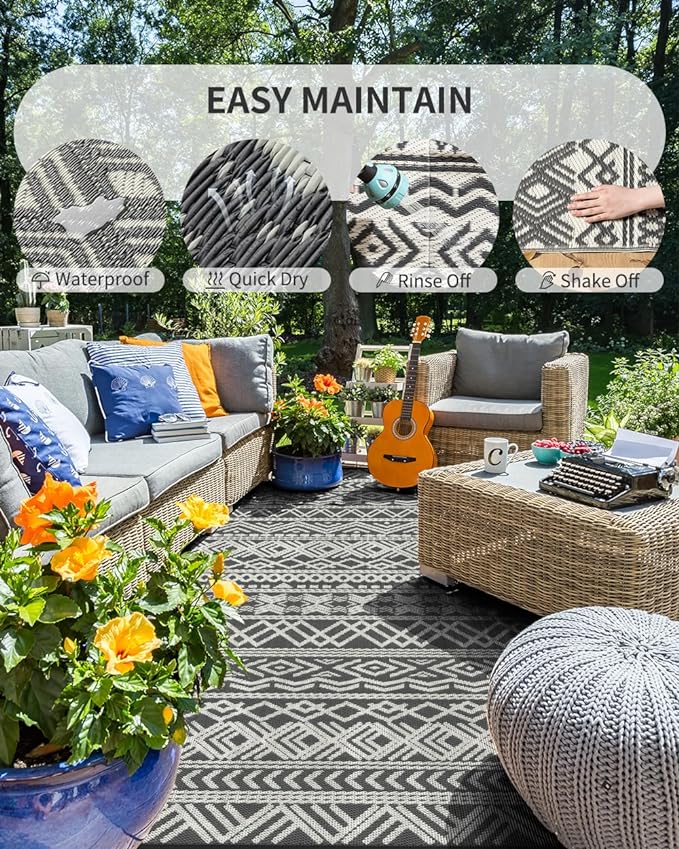 MontVoo Outdoor Rug Carpet Waterproof 9x12 Outdoor Patio Rug Mat Reverisble Plastic Straw Outdoor Rug for RV Camping Picnic Beach Balcony Boho Grey Large