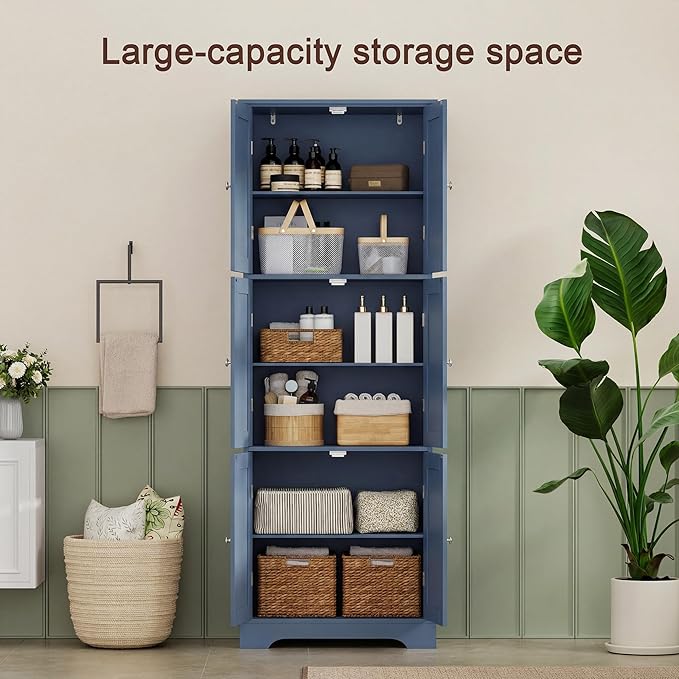 ChooChoo Tall Bathroom Storage Cabinet with 6 Doors, Freestanding Floor Cabinet with Adjustable Shelves, Blue Pantry Cabinet for Bathroom, Kitchen, Laundry Room
