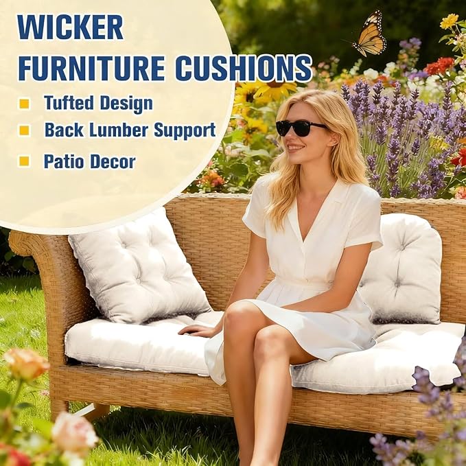 Patio Furniture Cushions Outdoor, Waterproof Wicker Chair Cushions Set of 3, 1 Loveseat & 2 Seat Pads, Thick Outdoor Replacement Cushions for Porch Lawn Bench Couch Sofa Swing, Beige