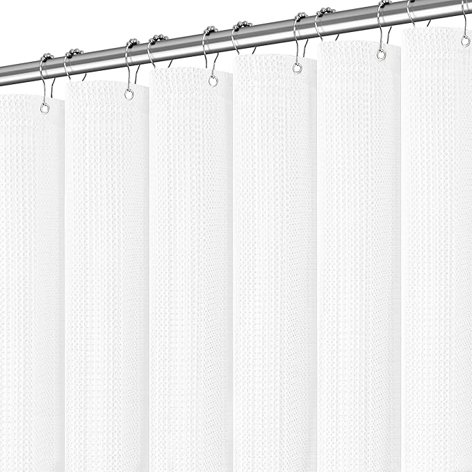 Waterproof Fabric Shower Curtain, Extra Long White Waffle Simple Neutral Weighted Shower Curtains for Bathroom, 256GSM Modern Ivory Thick with 12 Hooks, 72Wx96H