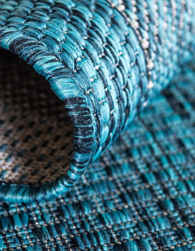 Unique Loom Outdoor Border Collection Area Rug - Soft Border (2' x 8' Runner, Teal/ Ivory)