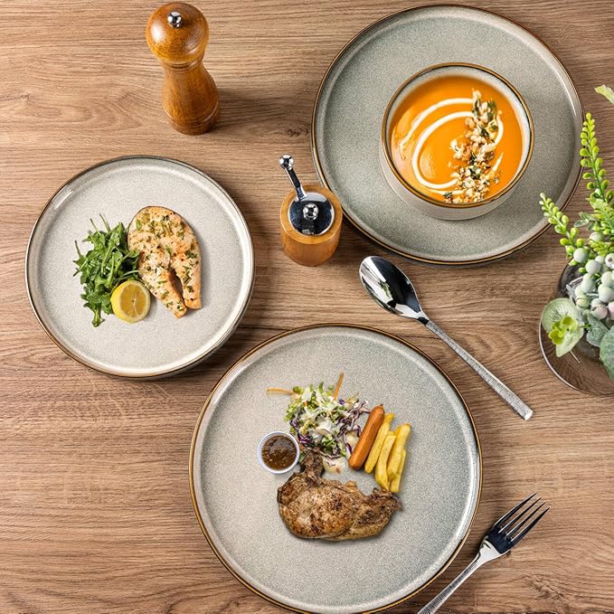 GBHOME Ceramic Dinnerware Sets for 6, 18 Pieces Stoneware Plates and Bowls Sets, Reactive Glaze Stackable Dish Set -Scratch Resistant, Dishwasher&Microwave Safe