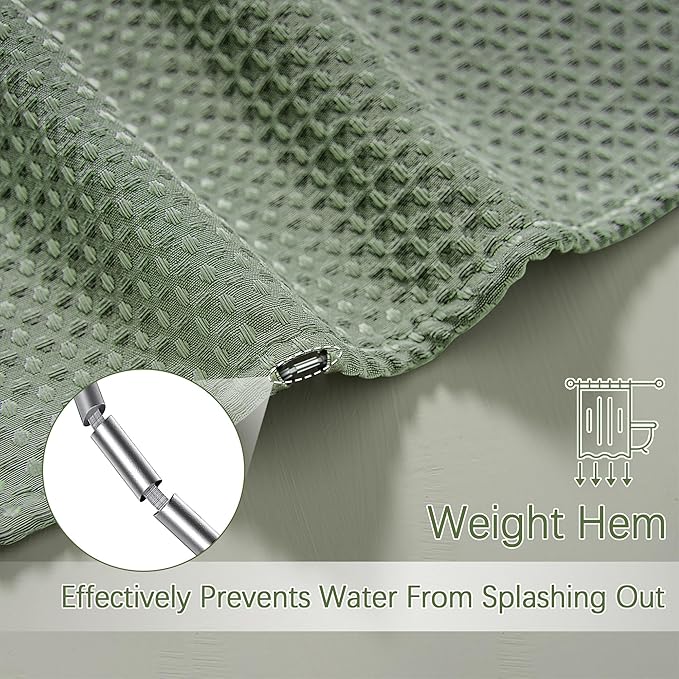 Sage Green Shower Curtain - Waffle Weave Fabric Heavy Duty for Bathroom, Water Repellent Weighted 256GSM Hotel Quality Machine Washable Bath Curtains with 12 Hooks, 72Wx72H