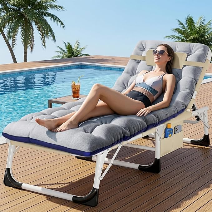 ABORON 4-in-1 Lounge Chair with Face & Arm Holes for Tanning, 440LB Heavy-Duty Folding Recliner with Plush Cotton Cushion, No Assembly Tri-Fold Guest Bed for Sunbathing, Poolside, Office Nap & Camping
