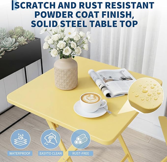 Outdoor Square Bistro Set 3 Piece, Yellow Iron Tube Patio Furniture Set with Square Table & 2 Chairs, Foldable Steel Backyard Deck Porch Garden , Space Saving Outdoor Dining Set for Small Spaces