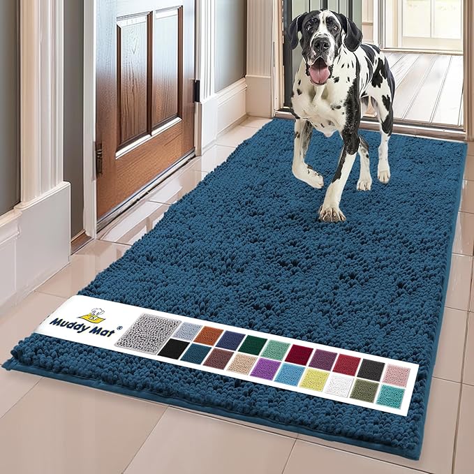 Muddy Mat® | Super Water Absorbent Door Mat Indoor, Microfiber Quick Dry Chenille Entryway Rug,Slip Resistant Front Door Mat,Indoor Mats for Entryway,Machine Washable Pet Rug, Atlantic Blue 36"x120"