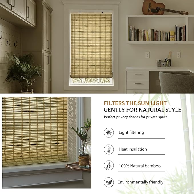LazBlinds Cordless Bamboo Blinds, Roll Up Shades