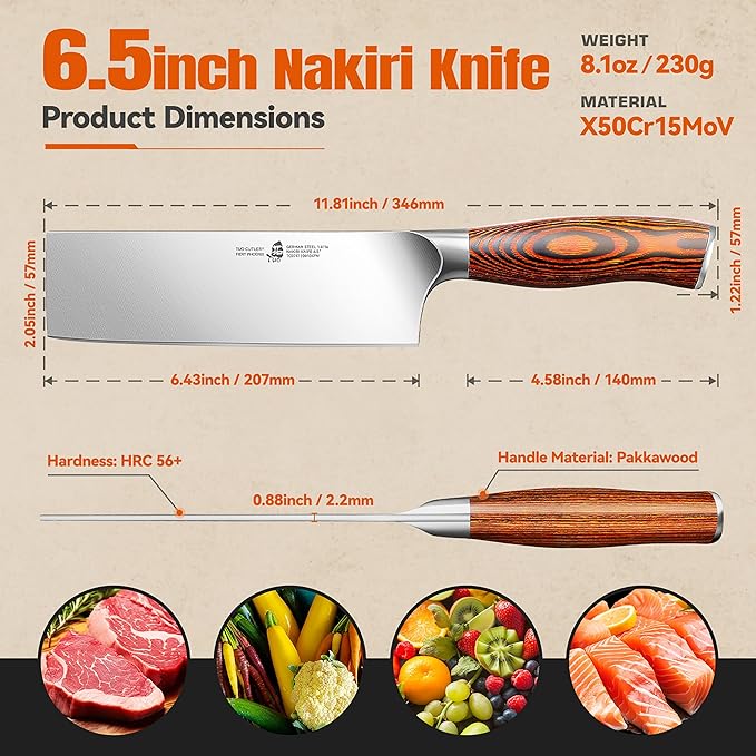 TUO Nakiri Knife 6.5" Vegetable Cleaver, Japanese Chef Knife for Kitchen Vegetable Chopping, German High Carbon Stainless Steel, Ergo Pakkawood Handle
