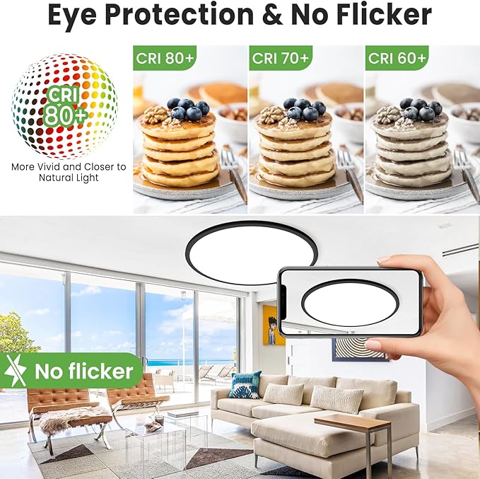 zemty 2Pack 20 inch LED Flush Mount Ceiling Light, 50W 5000lm Large Light Fixture, 3 Color Temperature in One 3000k 4500k 6000K Round Modern Ceiling Lamp for Bedroom Kitchen Dining Room (Black)