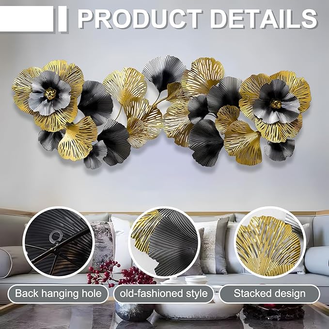 edaknez Extra Large Metal Wall Art, Metal Wall Decor for Living Room, 3D Flower Leaves Wall Decoration, Coastal Nautical Wall Hanging Sculpture, for Indoor Outdoor Black & Gold (B 145x55x6cm)