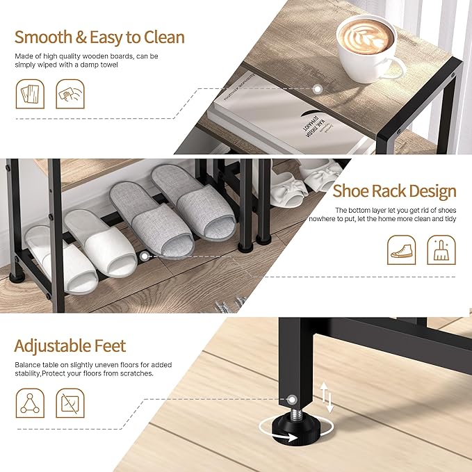 Narrow Side Table for Small Space, 2-Tier Small End Table with Shelf Holder, Slim Nightstand, Skinny Snack Couch Table in Living Room, Bedroom, Study, Kitchen and Balcony (Camel Brown)