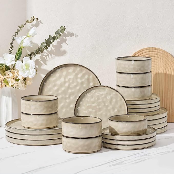Herogo Plates and Bowls Dinnerware Sets for 8, 24 Pieces Stoneware Dishes Sets, Dinning Dishes for Kitchen, Dishwasher & Microwave Safe, Cream Khaki