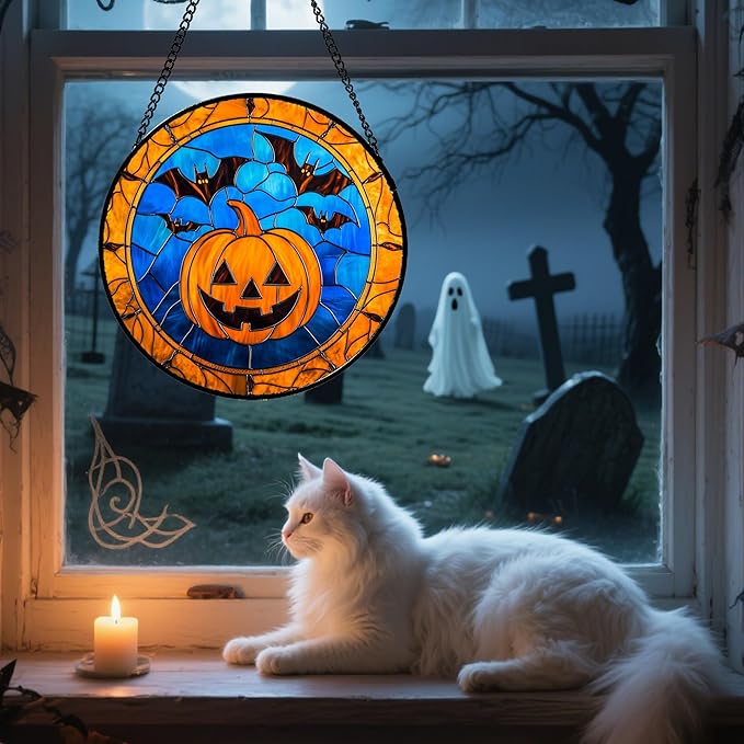 Stained Glass Window Hanging - Halloween Evil Pumpkin Suncatcher for Doors Window Garden Indoor Spooky Brown Bat Sun Catchers Gothic Decor Horror Gifts for Women Men Friend Boy Girl 7.8 in