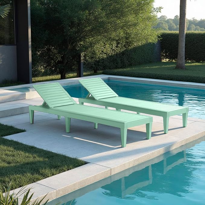 Nestl Sun Tanning Chair - Sage Green Chaise Lounge Chair Outdoor, Lightweight Pool Lounge Chairs Set of 2, Adjustable 5-Position Reclining Lawn Chair, Waterproof Beach Outdoor Lounge Chairs