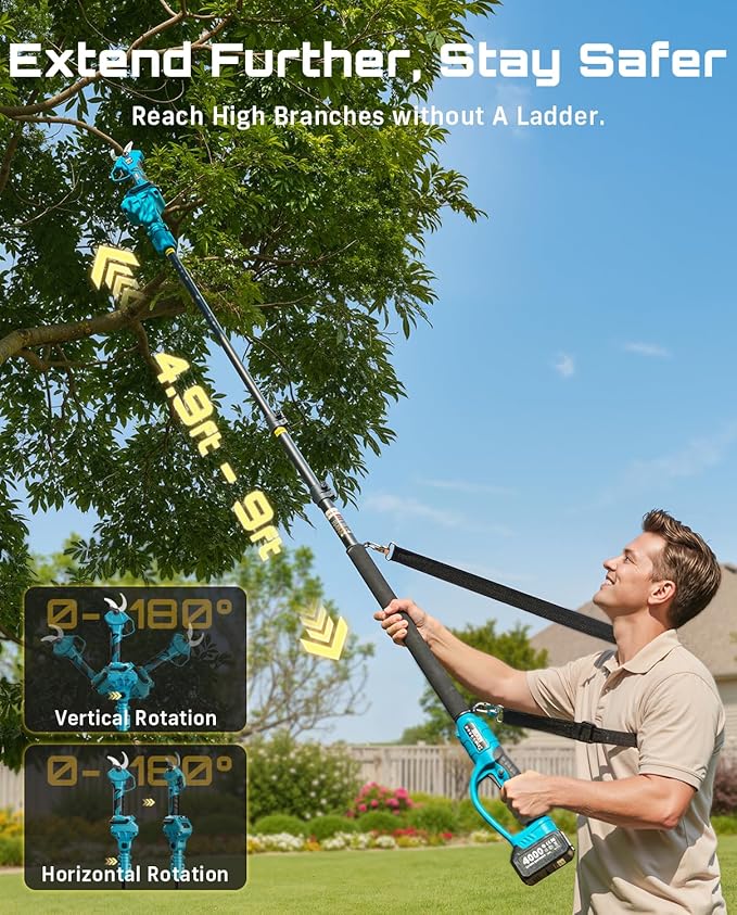 SEESII 2-in-1 Pole Pruning Shears: 1.6" Cutting Diameter Cordless Electric Pole Pruners - Brushless Motor, Dual 4.0Ah Batteries, Extra SK5 Blade, 4 Modes Adjustable Branches Cutter for Tree & Flower