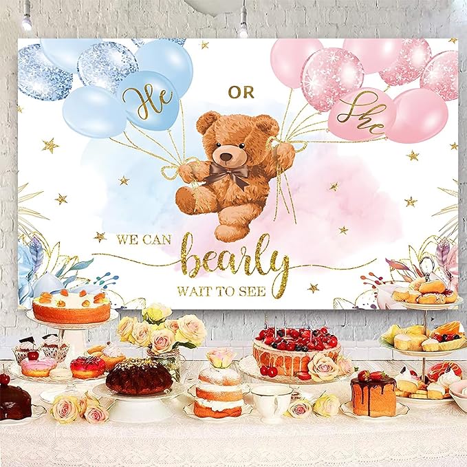 12x8ft Gender Reveal Backdrop Baby Bear Boy or Girl Photography Background Baby Shower Party Blue and Pink Banner Decorations Supplies Photo Booth Props