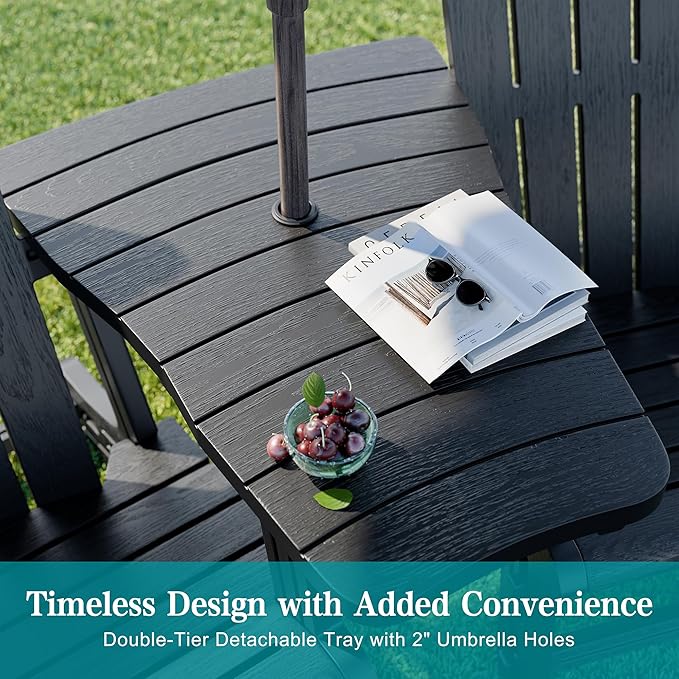 JY QAQA Outdoor Adirondack Chair Set of 2 with Detachable Table & Ottoman, All-Weather HDPE Patio Furniture with Wood Texture & Cup Holder for Patio, Poolside, Garden, Black
