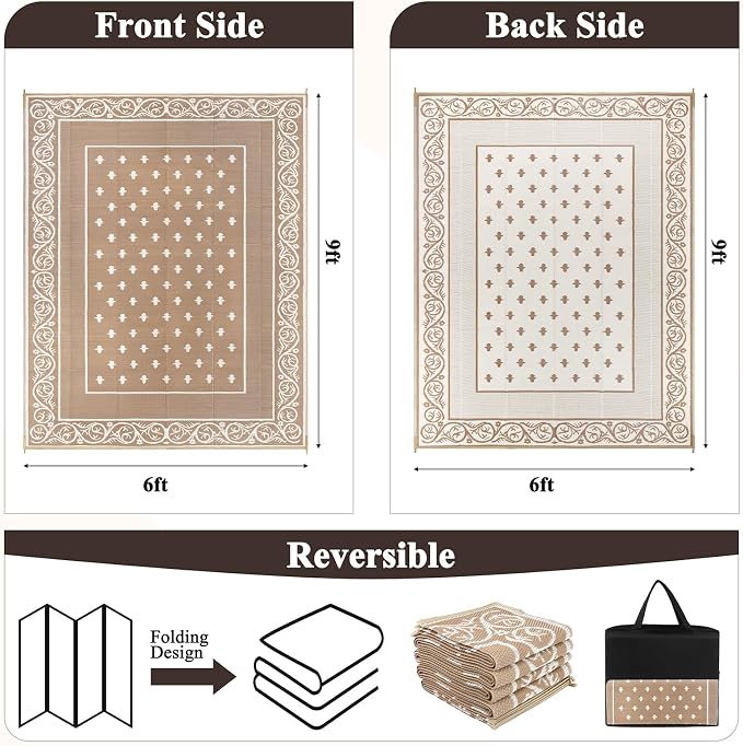 Pauwer Waterproof Outdoor Rug 6x9, Reversible Plastic Straw Patio Camping Rug, Indoor Outdoor RV Mat Carpet for Deck, Camper, Porch, Balcony, Backyard, Picnic, Bordered Beige