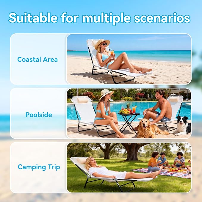 Outdoor Chaise Lounge with Detachable Pillow, Reclining Folding Chair with 5-Position Adjustable Back, Portable Tanning Chair For Beach, Pool, Lawn, Breathable Mesh Seat, No Assembly (Cream White)