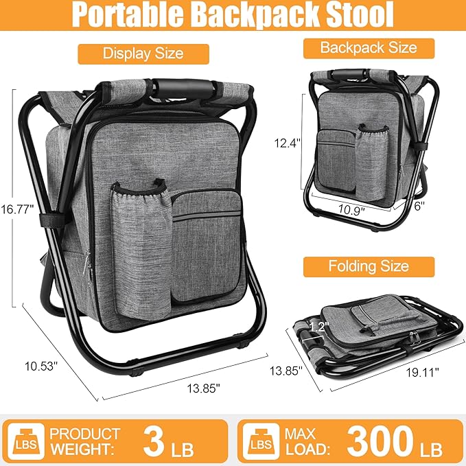 Kikerike Backpack Stool Cooler Chair Heavy Duty 300 LBS Max Load Portable Lightweight Stool Backpack Folding Fishing Cooler Seat for Camping Hunting Fishing - Gray