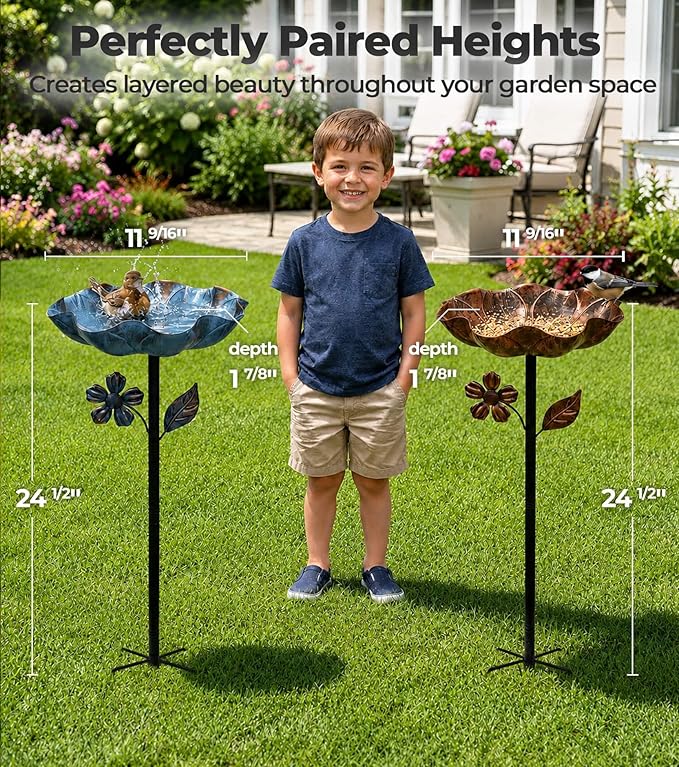 2PCS Metal Bird Bath for Outside, 11” Dia Freestanding Bird Bath Bowl, Upgraded 5 Pronged Base Birdbaths for Outdoors, Standing Bird Feeder Garden Patio Yard Lawn Decor