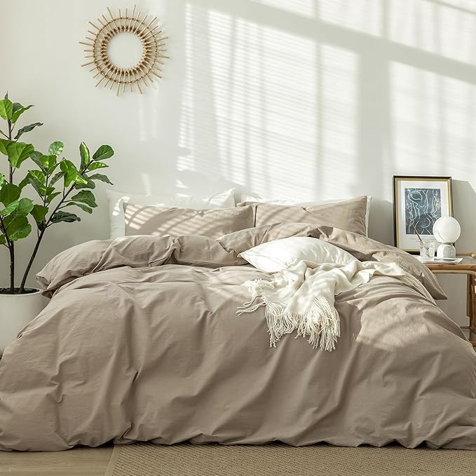 MooMee Bedding Duvet Cover Set 100% Washed Cotton Linen Like Textured Breathable Durable Soft Comfy (Solid Light Camel, Full 80"x90")