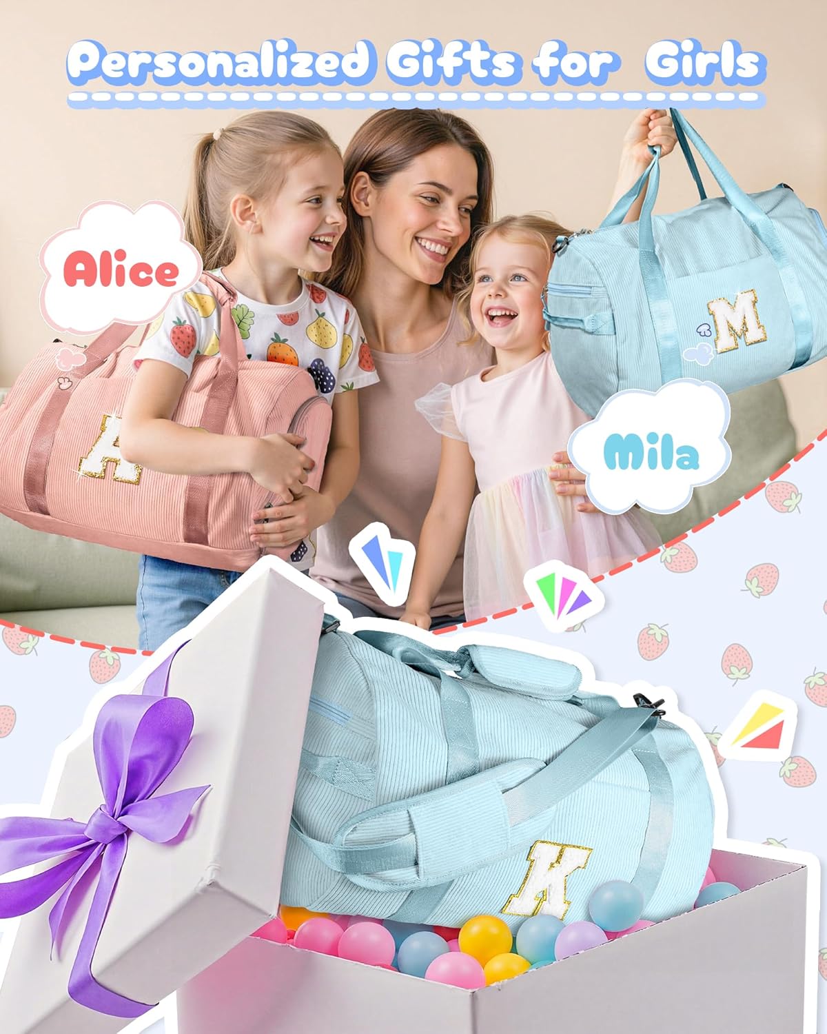 Skiennix Girls Gym Bag - Personalized Dance Duffle with Shoe Compartment & Toiletry Bag | Perfect Birthday Gift for 8-Year-Olds