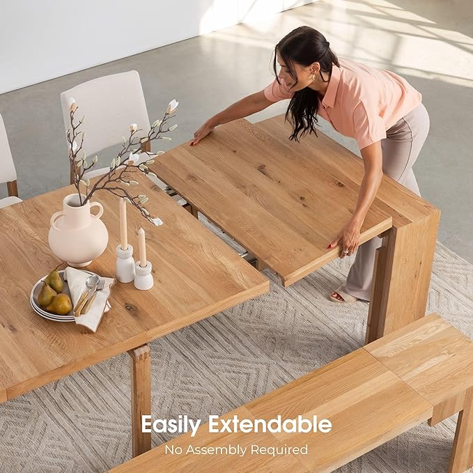 Transformer Table - Solid Wood Extendable Dining Table with Bench and 4 Stackable Chairs, Seats 2-12, Expandable Table, Kitchen and Dining Room Furniture, Natural (Table + Bench + 4 Chairs)