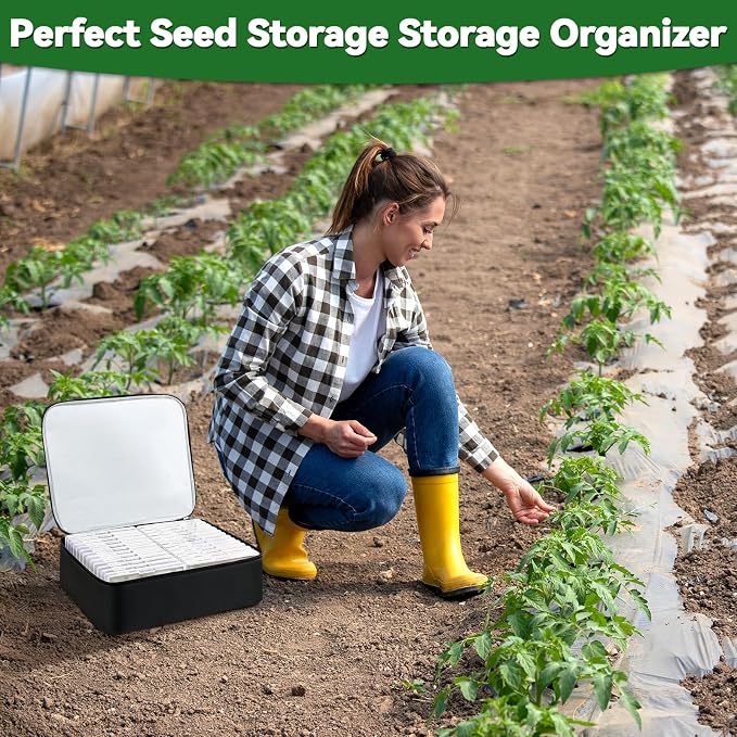 26 Slots Seed Storage Organizer Box, Reusable Oxford Cloth Seeds Storage Container, Holds 80-200 Envelopes, Garden Seed Packet with Insulated Bag and Label Stickers for Vegetable Flower Plants