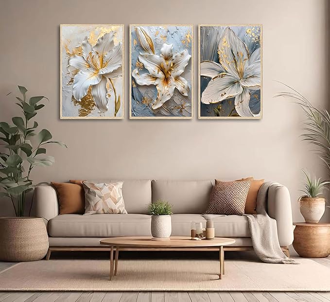 3Pcs Abstract Golden White Flower Wall Art Boho Gold Foil Blossom Canvas Oil Painting 2D Plane Textured Floral Wall Decor Nordic lily Posters Prints for Living Room Bedroom Office Pictures Unframed