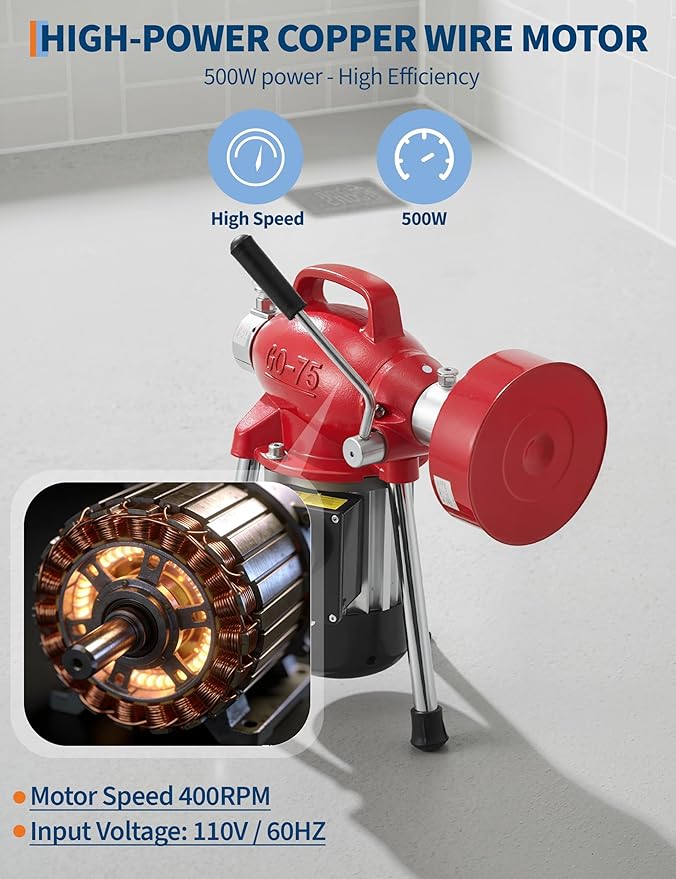 Portable Drain Cleaner Machine with 66FT x 5/8" & 16FT x 3/8" Steel Cables, 7 Cutters, Electric Sewer Snake Drain Auger, 500w Power Drain Cleaner Machine, Auto Feed Pipe Snake for 3/4" to 4" Pipes