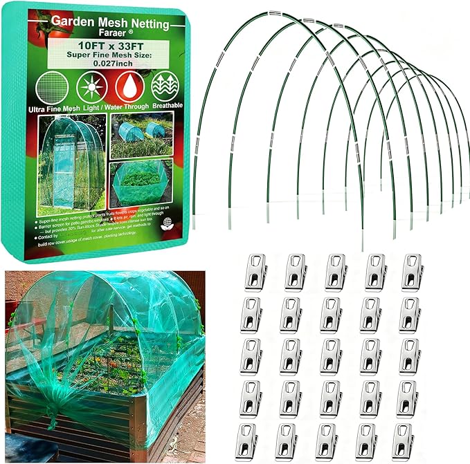 Garden Netting Kit for Raised Beds,10x33ft Ultra Fine Insect Netting Garden Bed Covers & 6 Sets of 8ft Fiberglass Garden Hoops (8 Sets Garden Hoops with Green10x33ft Garden Netting)