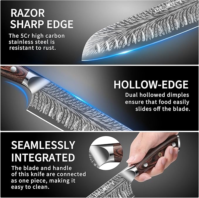 Plys Sharp Santoku Knife for Kitchen: Japanese 7 Inch Professional Chef Knives Stainless Steel Sharp Cutting Meat Cooking Cleaver