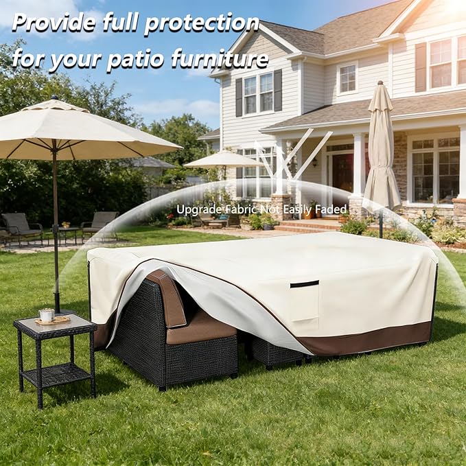 Patio Furniture Covers Waterproof,600D Heavy Duty Patio Cover for 6/7/8 PCS Sets Sectional Sofa Couch Dining Rocking Swivel Chairs Ottomans Coffee Table,111L x 74W x 28H inch Beige & Brown