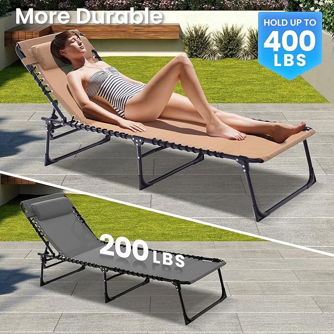 Outdoor Folding Chaise Lounge 5-Position Adjustable Recliner 400LB Heavy Duty Portable Patio Camping Beach Chair, Beige