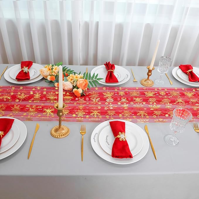 Snowkingdom Red Gold Snowflake Christmas Table Runner 120 Inches Long 10FT Sheer Tulle, Golden Snowflakes Xmas Seasonal Winter Kitchen Dining Holiday Wedding Table Decor for Home Party