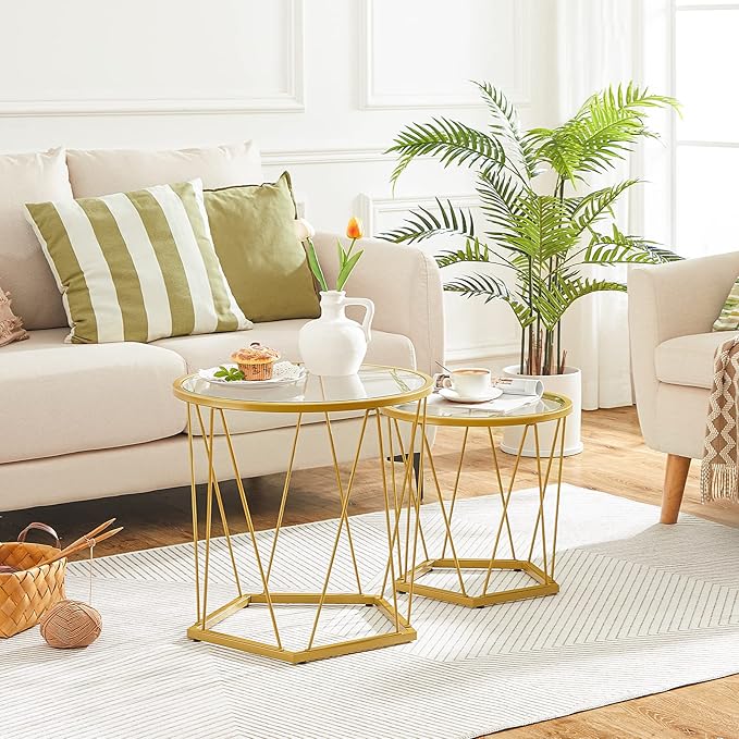 HOOBRO Small Coffee Table Set of 2, Round Coffee End Table with Metal Frame, Glass Tabletop, Gold Side Table for Living Room, Bedroom and Balcony, Modern Style, Gold GD79BZ01