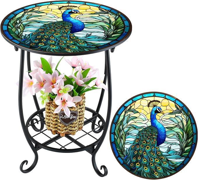 Cinnvoice Outdoor Side Table Round Small Mosaic Patio Accent Indoor End Plant Coffee Tea Table for Yard Patio Porch Garden Living Room, Bedroom(Peacock Style,14 Inch)