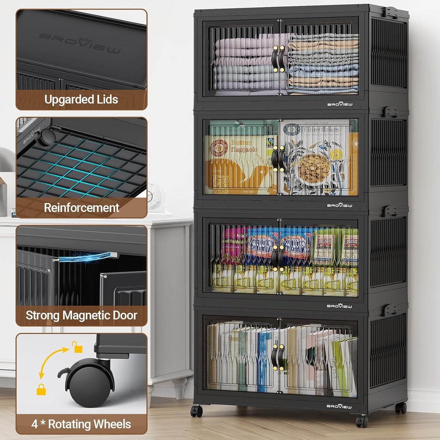 BROVIEW 360Qt Stackable Storage Bins with 3 Lids, Extra Large Closet Organizer Collapsible Drawer Boxes with Wheels, Folding Plastic Cabinet Containers for Home Kitchen Room Organization, 3Pack Black