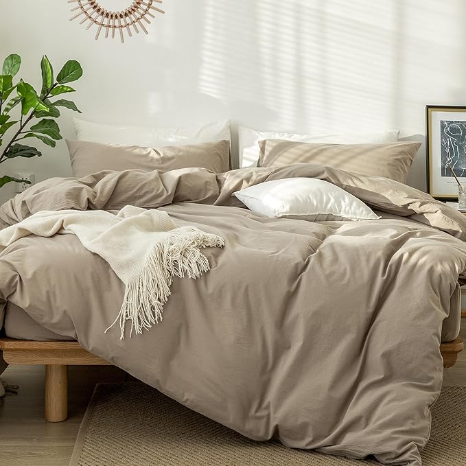 MooMee Bedding Duvet Cover Set 100% Washed Cotton Linen Like Textured Breathable Durable Soft Comfy (Solid Mocha Brown, Super Queen 90"x98")