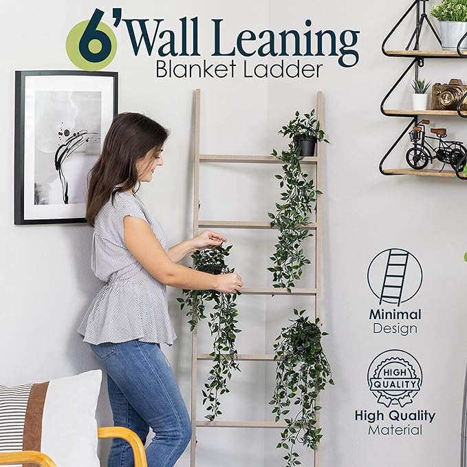 Blanket Ladder for Living Room and Bedroom, 5ft 8 inch, 6-Tier Wall Leaning Laminate No-Snag Construction (Smokey Oak) Rustic Decorative Farmhouse Blanket Storage, Quilt Rack, Ladder Shelf