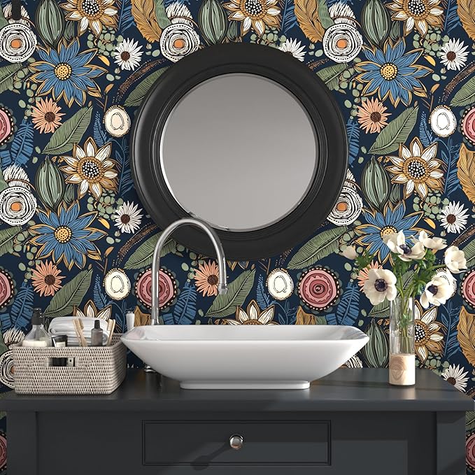 Boho Wallpaper Peel and Stick, Dark Vintage Floral Contact Paper, 17.5" x 197"