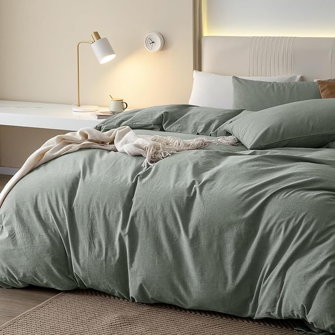 JIYUAN 100% Washed Cotton Duvet Cover Set 3 Pieces Oversized Queen, 1 Duvet Cover 98x98 Inches(Comforter Not Included) and 2 Pillowcases,Linen Feel Bedding Set Comfy and Breathable, Heathered Green