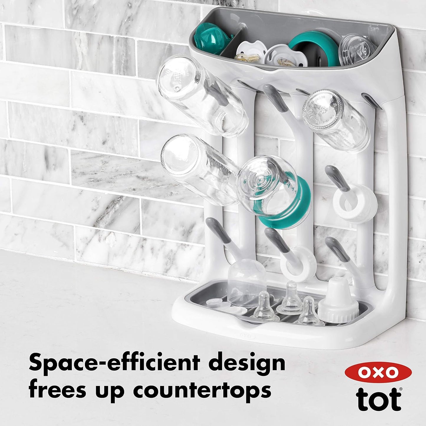 OXO Tot Space-Saving Bottle Drying Rack, Baby Bottle Organizer for Countertop