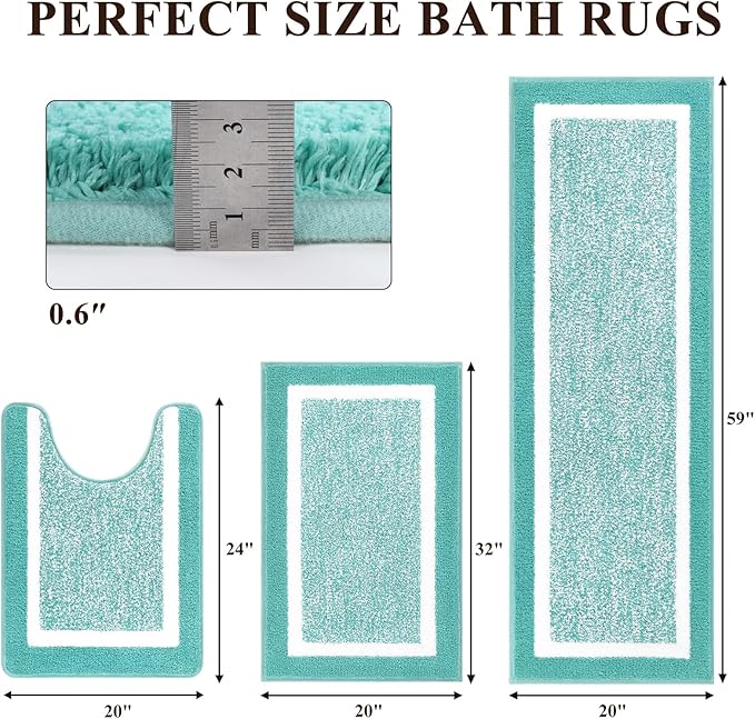 Pauwer 3-Piece Bathroom Shower Rug Set - U-Shaped Toilet Mat, Absorbent Microfiber Plush Bath Mats with Non-Slip Back, Machine Washable Shaggy Bathroom Floor Mats, Teal