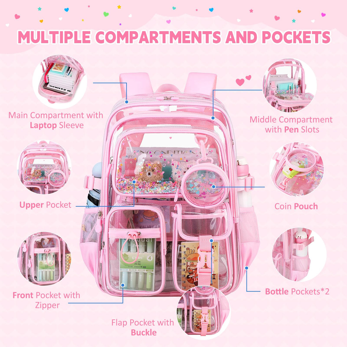 ASKSKY Clear Backpack for Girls School Clear Bookbag Stadium Events Heavy Duty Transparent Back Pack, Pink
