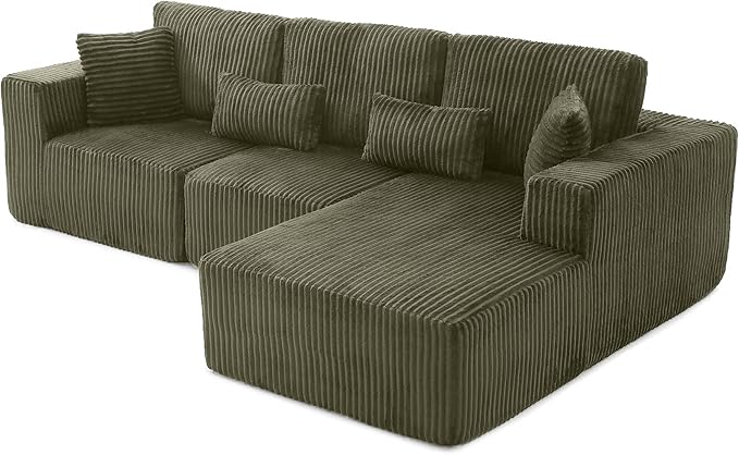 L Shaped Modular Boneless Sectional Couches for Living Room, Wide Armrest, Deep Seat, Memory Foam, Assembly Free, Modern Comfy Corduroy Fluffy Cloud Sofa with Right Chaise, Green